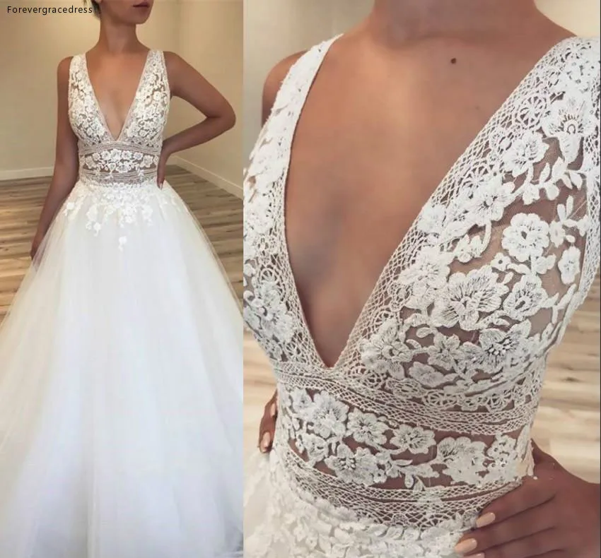 

Cheap Sexy Deep V Neck Wedding Dress A Line Appliques Lace Beach Country Garden Church Formal Bridal Gown Custom Made Plus Size