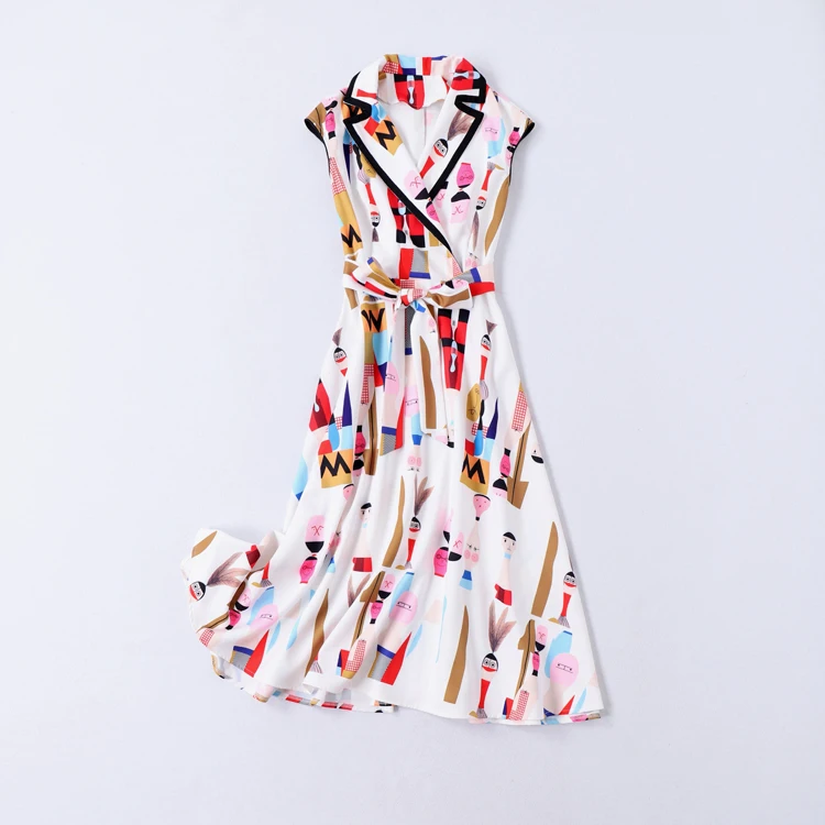 Long Dress High Quality Summer New Women'S Fashion Workplace Party Vintage Elegant Chic Cartoon Print Suit Collar Vest Dresses