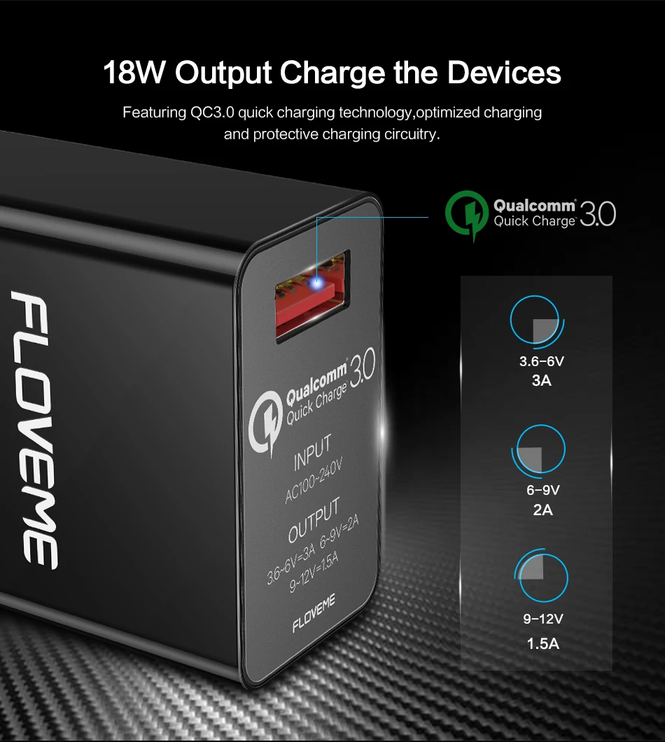 FLOVEME QC3.0 USB зарядное устройство для телефона samsung Xiaomi 5V 3A EU адаптер для путешествий настенное Универсальное зарядное устройство для мобильного телефона 18W быстрая зарядка