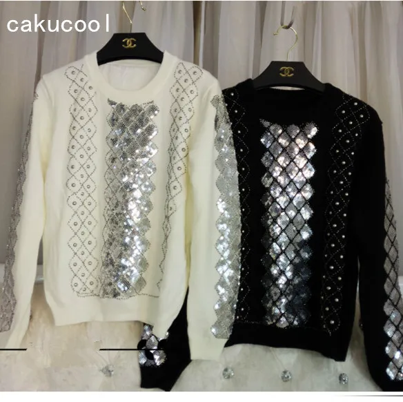 Cakucool Beading Knit Tops Women Long Sleeve O-neck Sequined Sweaters Plaids Embroid Shiny Jumpers Sweater Pullovers Female | Женская