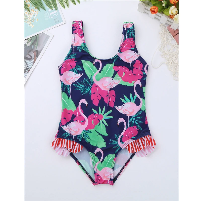 Детский цельный купальный костюм для девочек с широкими лямками и принтом