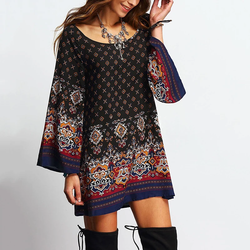 Vintage Ethnic Slim Loose Baroque Women's Dress Round Neck Printed Party Elegant Vestidos Verano Plus Size XXL XXXL W1054 | Женская