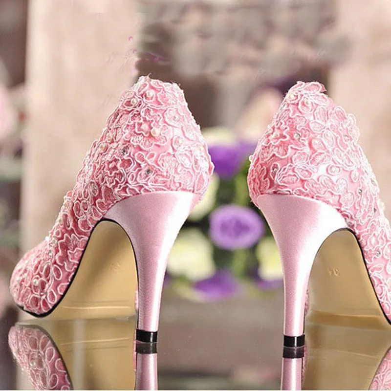 Романтические популярные официальные туфли розовые кружевные свадебные Стразы