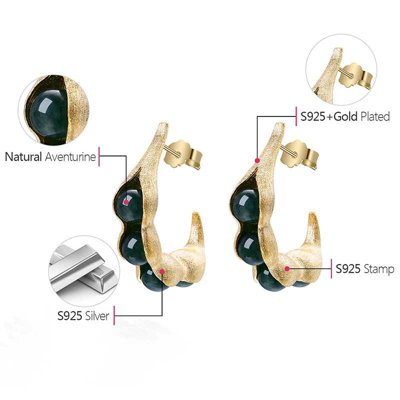 Lotus Fun реальные 925 серебро ручной работы Fine Jewelry натуральный зеленый камни Творческий Стручки гороха Дизайн Длинные Висячие серьги для Для женщин