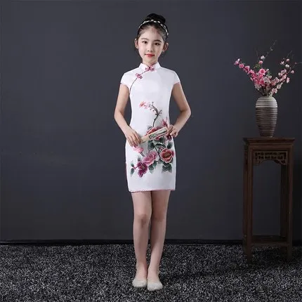 Girls Cheongsam 2018 Summer New Children's Tang Silk cheongsam Chinese style dress Show Guzheng catwalk | Детская одежда и