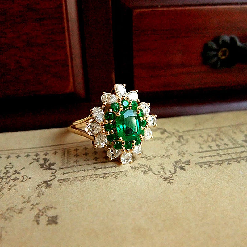 1.5ct AAA лабораторное созданное колумбийский изумруд овальное кольцо с гравировкой Настоящее Твердое 18 к желтое золото боковая груша Муассанит кольцо для женщин