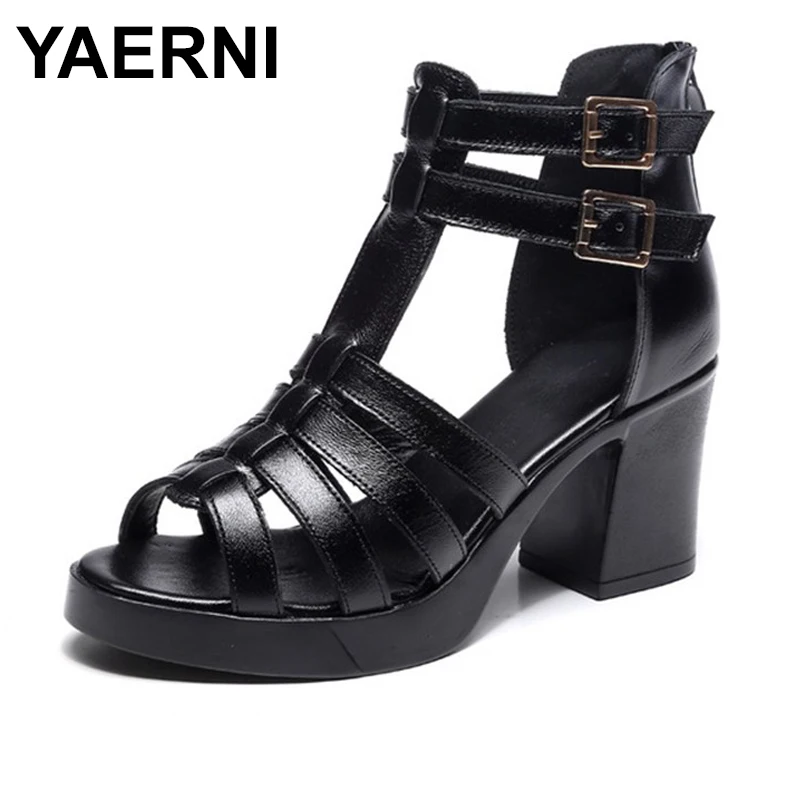Летние Новые повседневные сандалии YAERNI из натуральной кожи женские