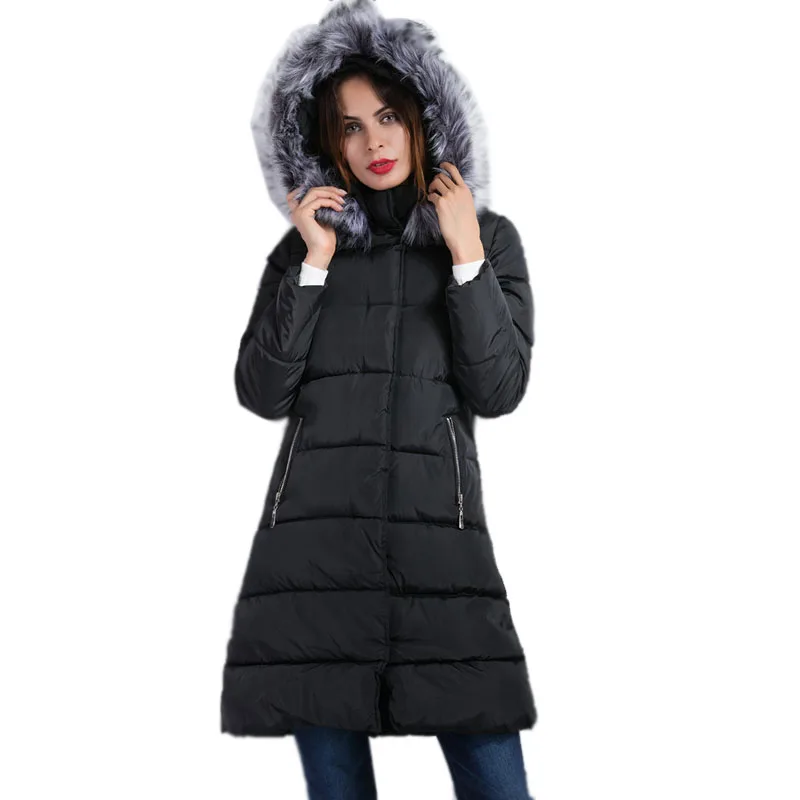 Женщины Черный Длинные Вниз Пальто Куртка с Меховым Капюшоном хлопок Тонкий