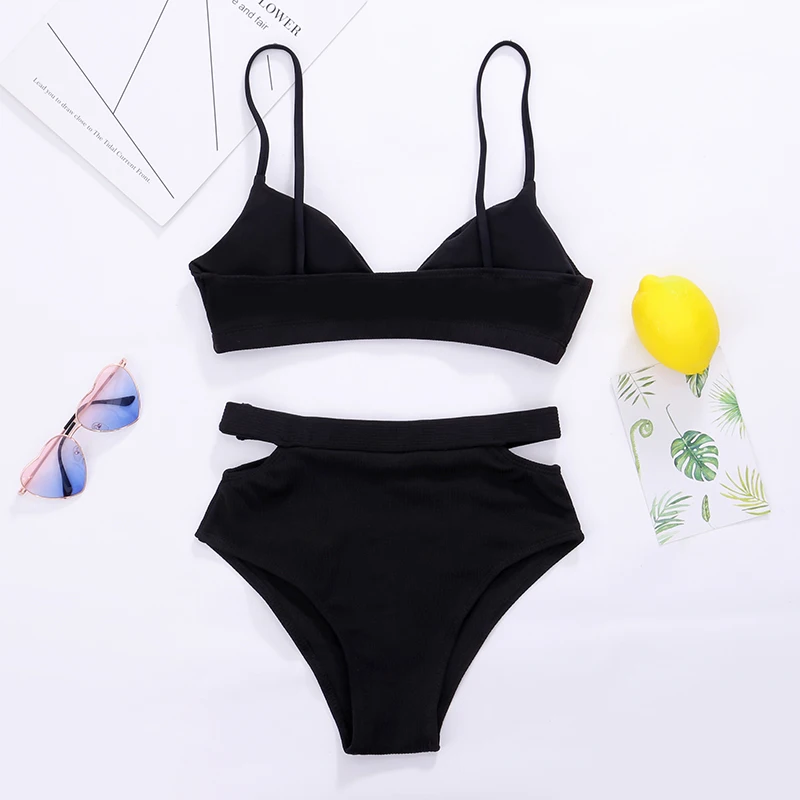 Женский купальник бикини с высокой талией Biquni однотонный на тонких бретельках