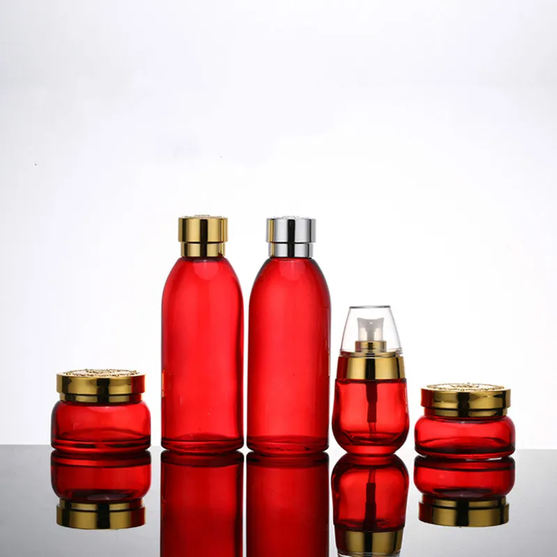 

20pcs 120ml 30ml 50g 30g red transparent cosmetic packaging container glass cream jar essence lotion set empty bottle