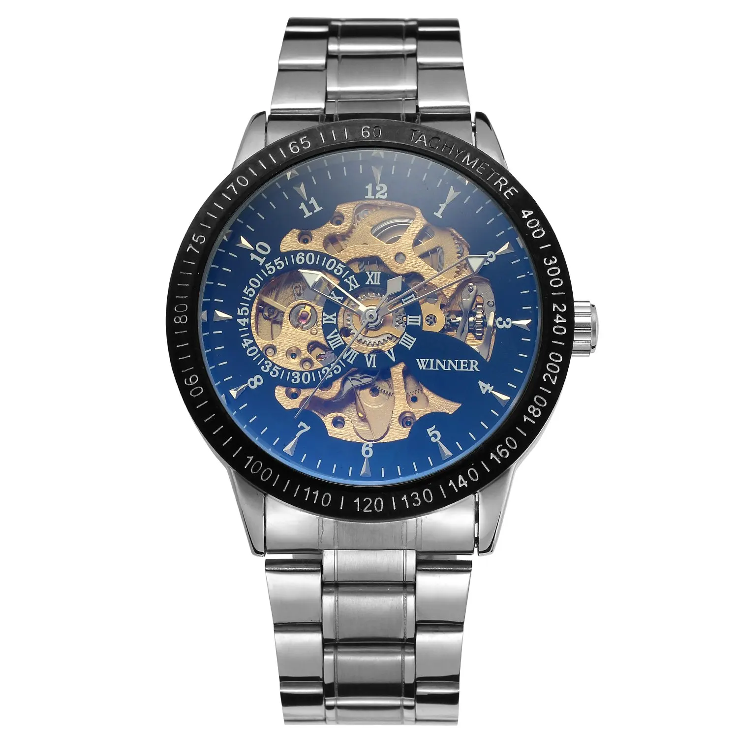 Famous Winner Luxury Vintage Steel Stainless Clock Black Dial Silver Men Mechanical Skeleton Watch Military Automatic Wristwatch | Наручные