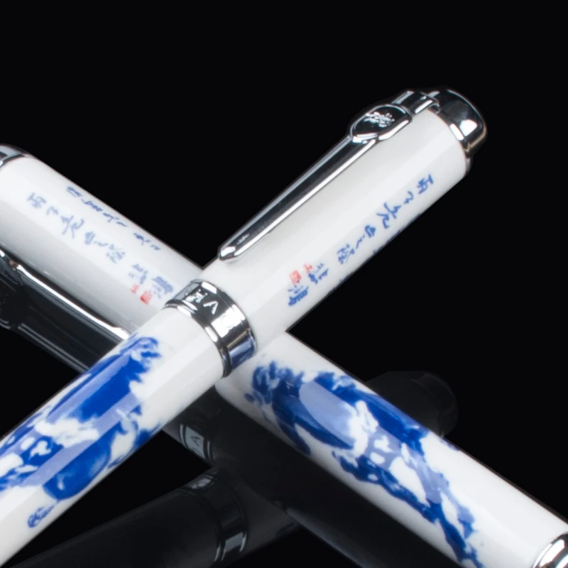 Роскошный Jinhao 950 голубой и белый фарфор с китайской каллиграфией и лошадью Средний Перьевая ручка