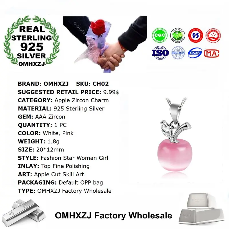 Фото OMHXZJ Wholesale Personality Fashion OL Woman Girl Gift White Pink Apple Opal AAA Zircon 925 Sterling Silver Pendant Charm CH02 №3