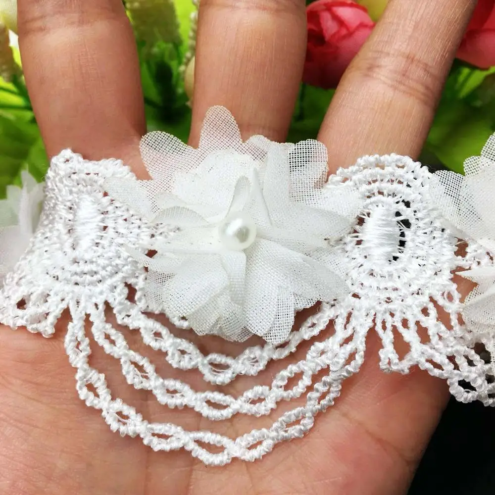 White 1 ярд шифон Жемчужный Цветок кисточка вышитая ткань кружевная отделка Лента ручной работы DIY шитье ремесло для костюма украшение шляпы - Цвет: White
