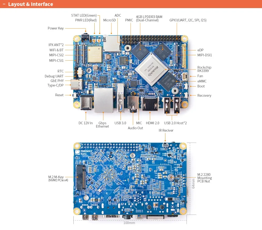 NanoPC T4 с открытым исходным кодом RK3399 ARM макетная плата DDR3 ОЗУ 4 Гб Гбит/с Ethernet, Поддержка Android 8,1 Ubuntu, AI и глубокого обучения