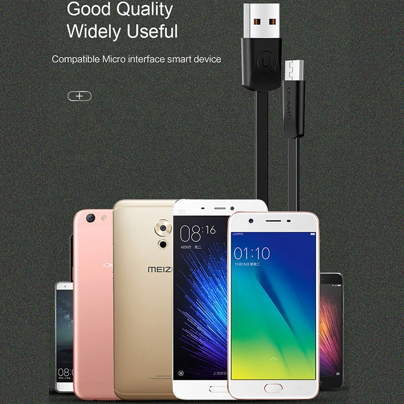 USAMS Micro USB кабель 1 2 м плоский для Xiaomi Redmi Note Быстрая зарядка ЗУ мобильного телефона