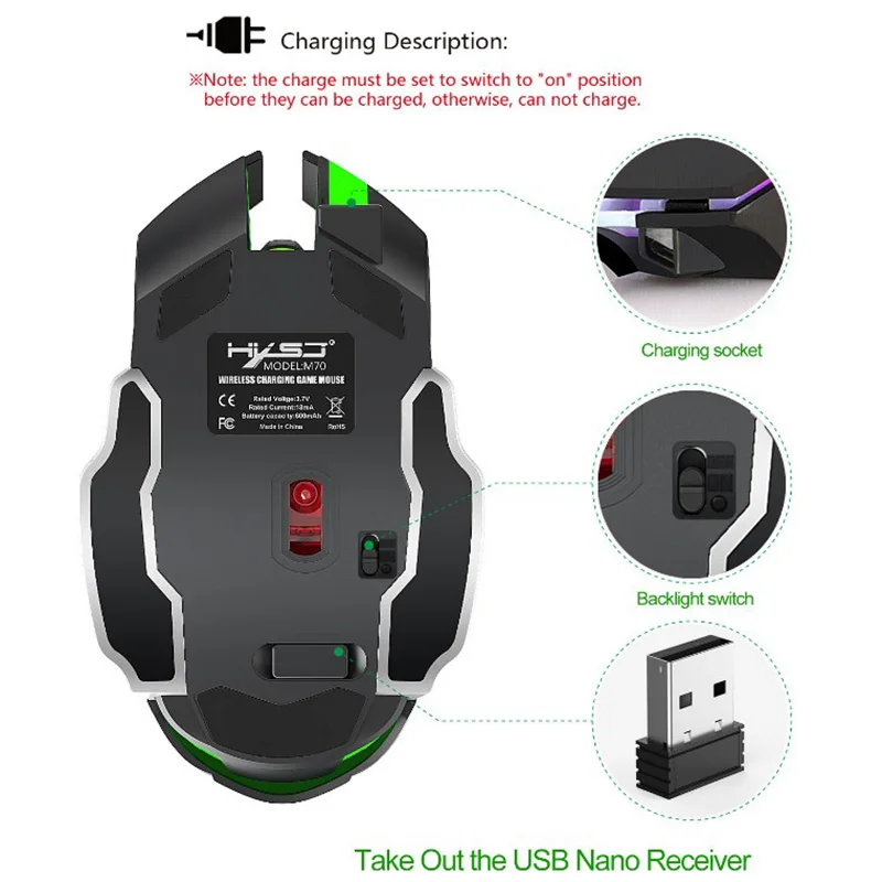 Беспроводная игровая мышь 2 4 ГГц эргономичный дизайн 2400DPI 6 кнопок USB для ноутбука
