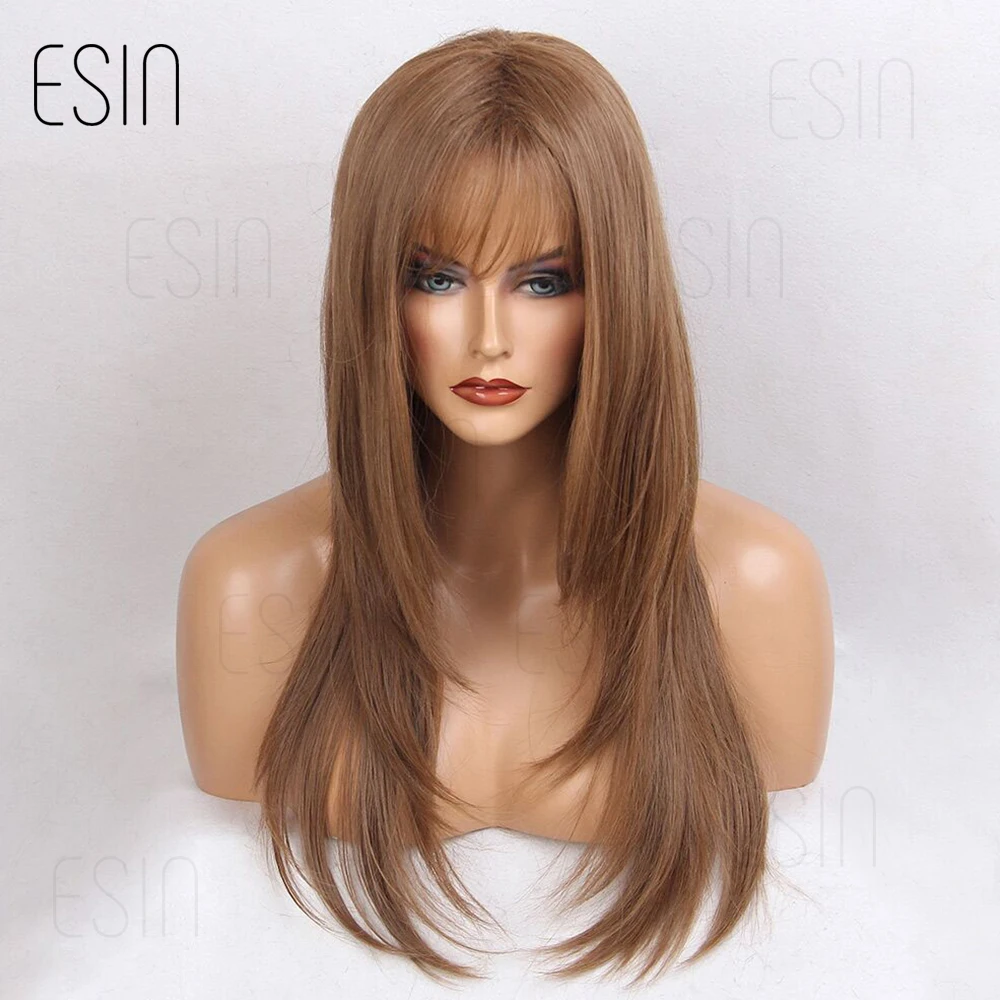 ESIN Длинный искусственный женский парик Русый золотистый оттенок Аккуратная