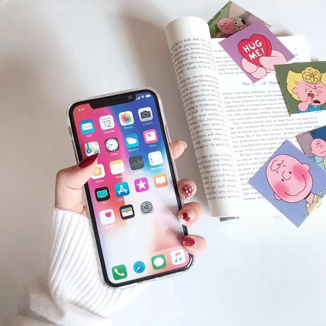 Cute Anime Transparent Love English Phone Case For iPhone 8 7 6 s Plus X XR Xs 11 pro Max Card Charlie Brown Soft TPU Back Cover |