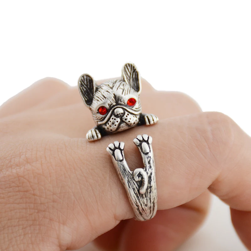 Антикварные старинные французские кольца в виде бульдога серебряного цвета для