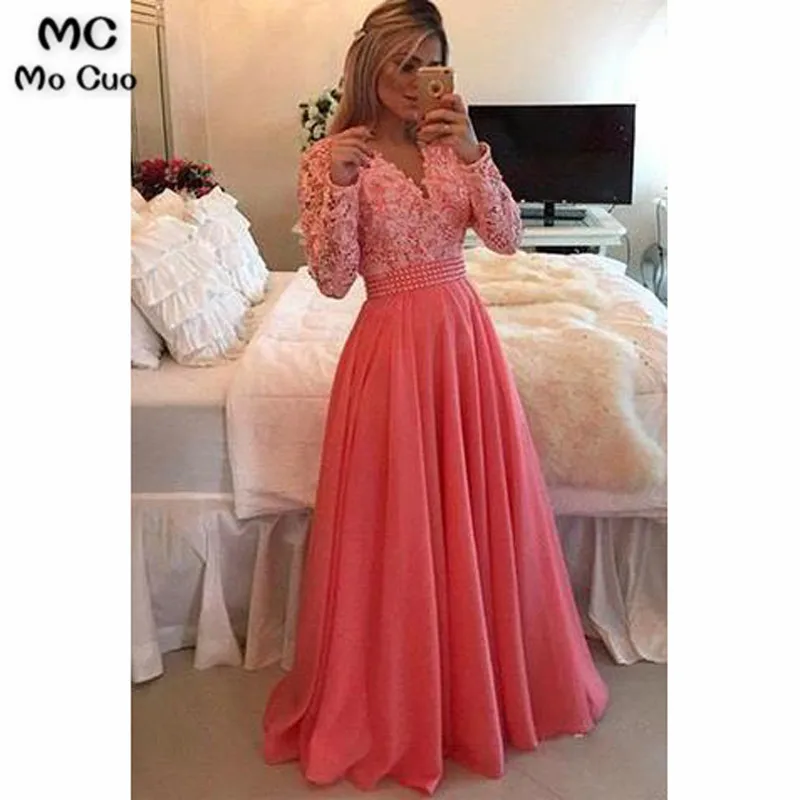 

2019 Coral Long Sleeves Evening Dresses Long with Appliques Pearls V-Neck Chiffon A-Line Formal Evening Party Dress for Women