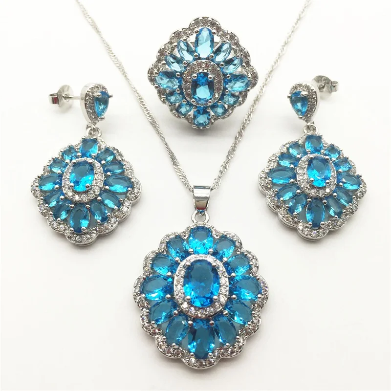 Flower Sea-Blue White color Silver Jewelry Sets For Women Drop Earrings/Necklace/Ring/Pendant Free shipping | Украшения и