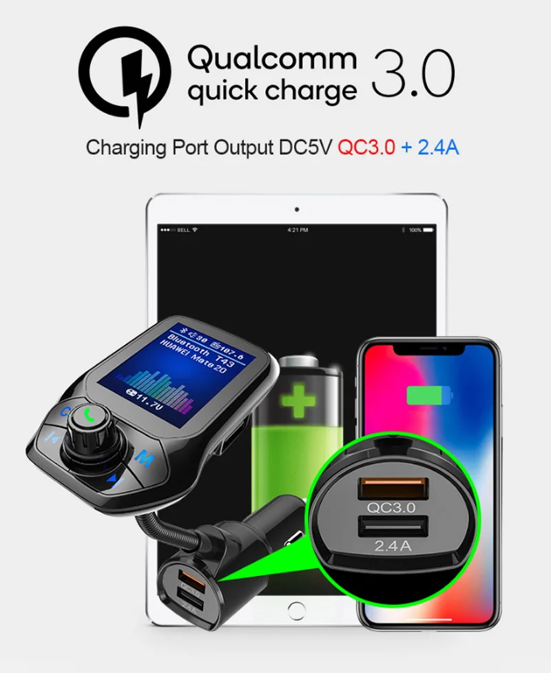 Новый T43 1 8 &quotTFT цветной дисплей QC3.0 Быстрая зарядка Bluetooth автомобильный комплект