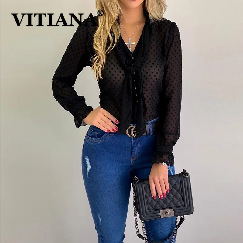 VITIANA Женская сетчатая Сексуальная Блузка Лето Женская с длинным рукавом черная с v-образным вырезом пуговицы повседневные блузки Женская Офисная Рабочая одежда