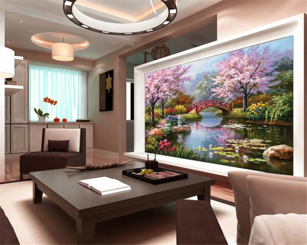 Пользовательские Настенные обои европейская живопись деревянный мост пруд