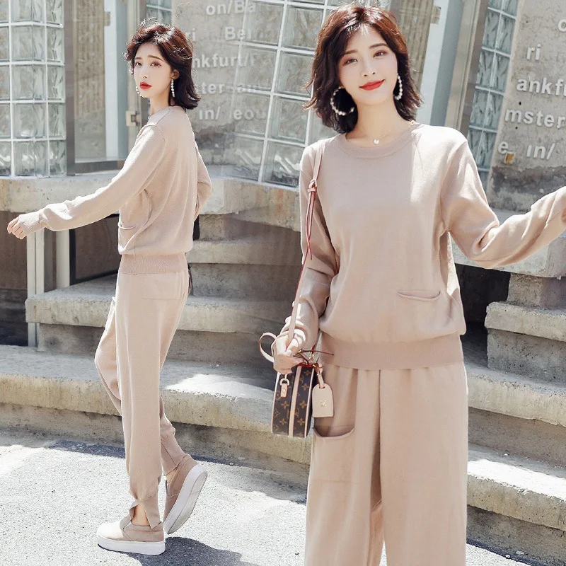 Новинка Осень 2018 модные брючные костюмы Однотонный свитер с круглым вырезом и