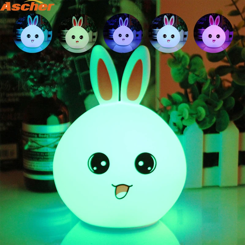 Cute Rabbit Multicolor Silicone Baby Nursery Lamp Touch Sensor Tap Control USB Rechargeable Kids Toy LED Table Night Bunny Light | Лампы и