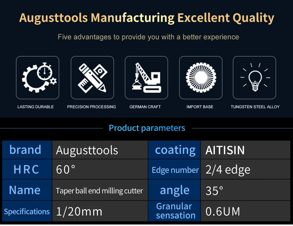 Augusttools конические сферические Концевые Фрезы HRC60 из карбида вольфрама с ЧПУ фрезерный станок для дерева, металла, фрезерования 3,175 мм 4 мм 6 мм 8 мм