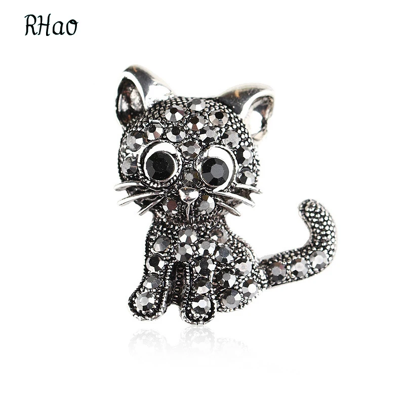 RHao, Милые Броши в виде животных с серебряным котом для женщин, мужчин, девочек, детей, Рождественская брошь, брошь bijoux, винтажные стразы, брошь на булавке