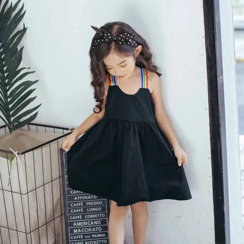 Детская Костюмы Летнее платье для девочек Радуга ремень просто черный Хлопковое