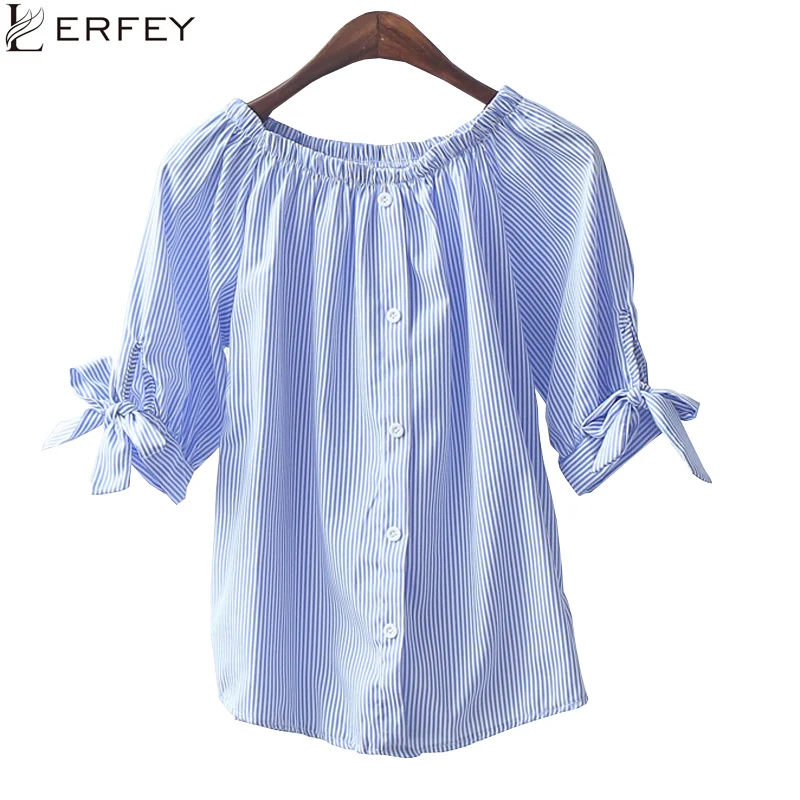 LERFEY Women Summer Blouse Shirt Off Shoulder Tops Female Striped Bow Tie Slash Neck Blouses Sexy Button Shirts Womens Clothing | Женская