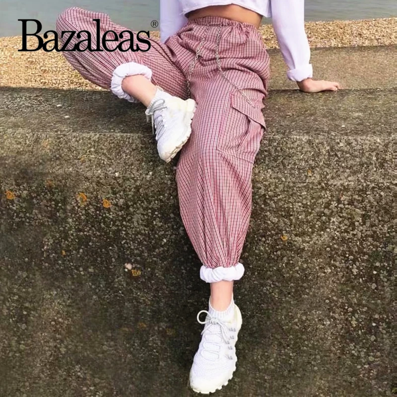 Bazaleas брюки с высокой талией уличная эластичная талия цепочкой шотландская