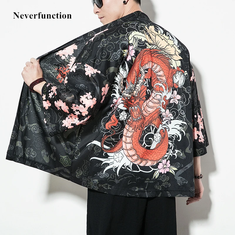 

New Kimono Cardigan Japanese Jackets Men Traditional Style Dragon Sakura Printed Summer Beachwear Half Sleeves Open Stitch coat