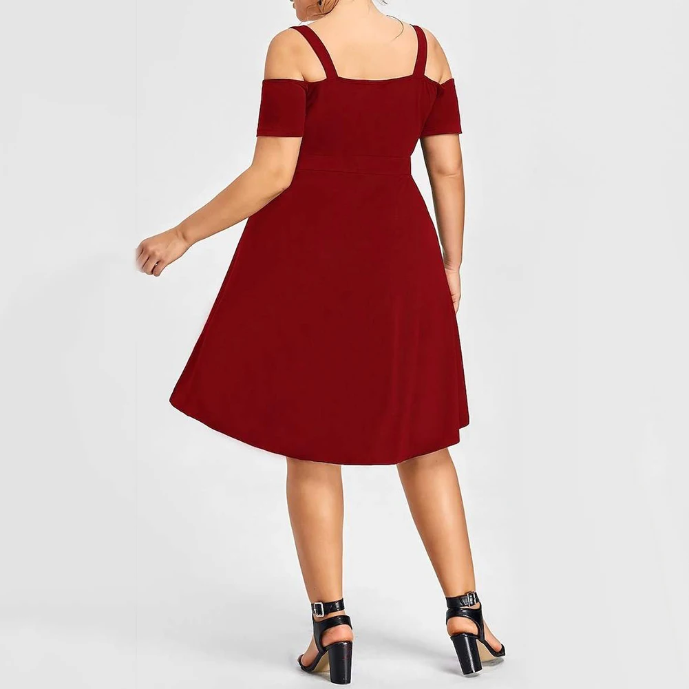 Летнее праздничное однотонное женское платье с открытыми плечами и коротким
