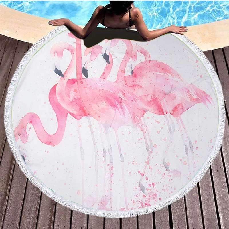 Летнее круглое полотенце с изображением фламинго Листьев цветов большого