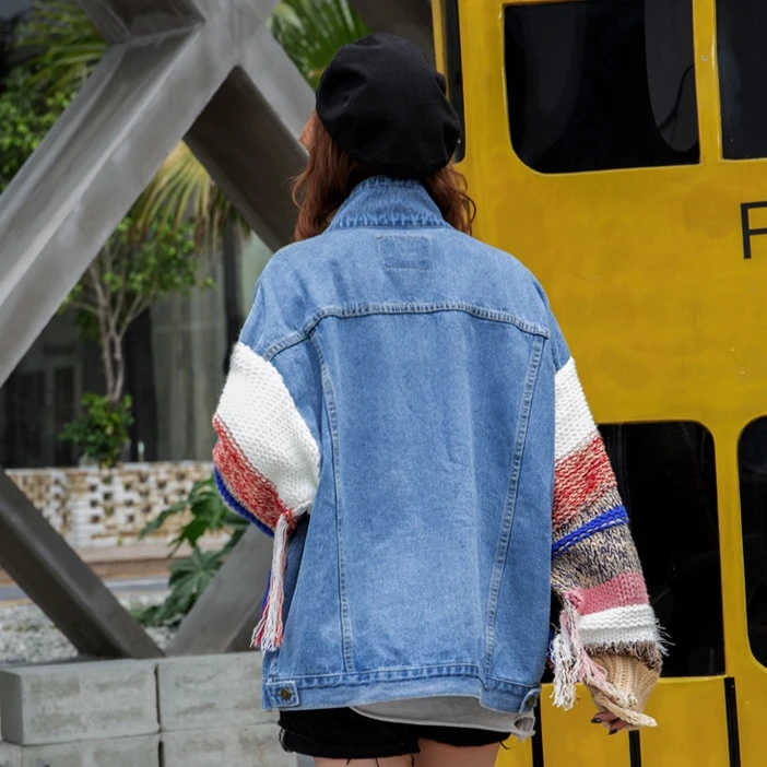 2019 модная новая Свободная трикотажная джинсовая куртка с кисточками Бесплатная