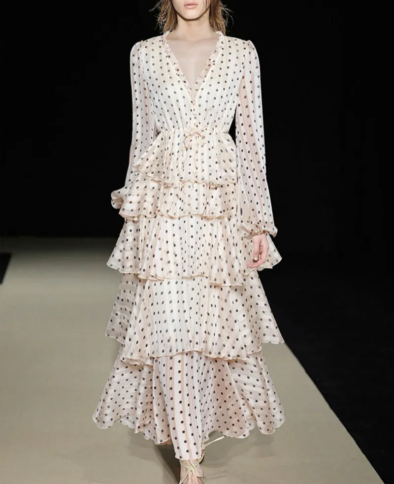 Женское длинное платье миди шифоновое роскошное плиссированное в горошек с