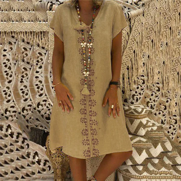04 khaki Fanbty, женское винтажное льняное платье,, летнее платье-рубашка, короткий рукав, одноцветное, повседневное, свободное, вечерние, Пляжное Платье, Vestidos размера плюс - Цвет: 04 khaki