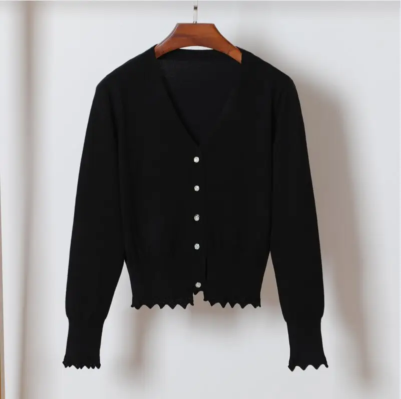 black Размер M-2XL, Женский вязаный короткий кардиган, пальто, осень-весна, v-образный вырез, длинный рукав, вязаный базовый мягкий свитер, пальто, женские топы - Цвет: black