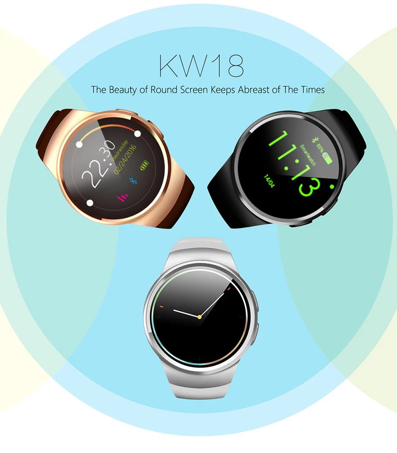 2 шт. Kw18 Bluetooth smart watch полный экран Поддержка simtfcard Смарт-часы телефон сердечного ритма для apple gear s2 huawei трекер часы