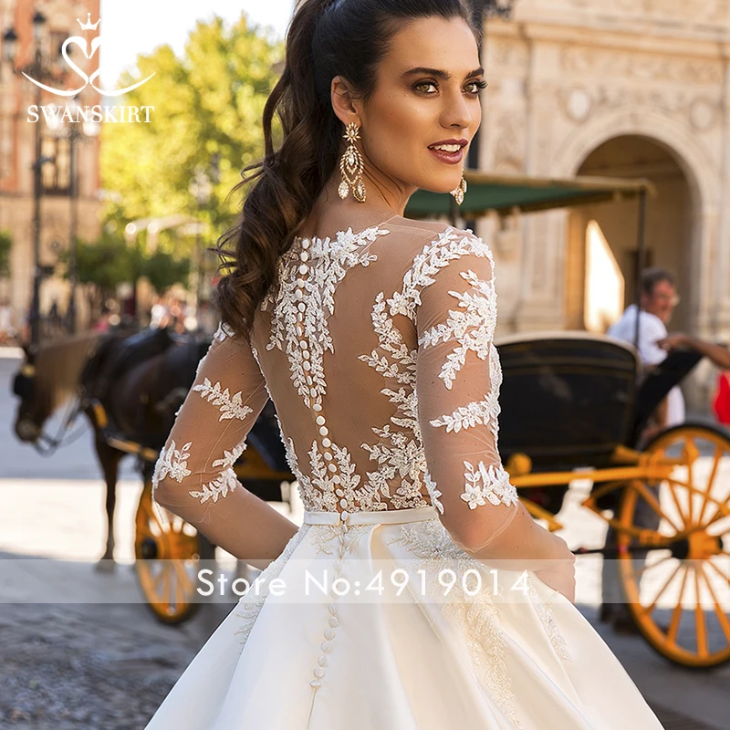 Swanskirt, бальное платье с длинным рукавом, свадебное платье, круглый вырез, Аппликации, атласное платье невесты, расшитое бисером, принцесса, Vestido de Noiva F199