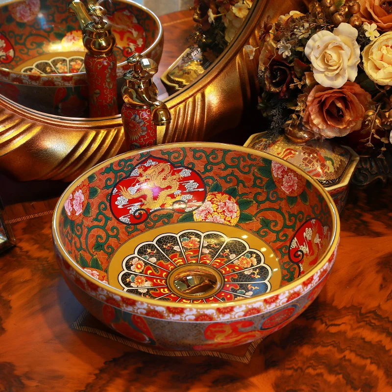 

Dragon China Artistic Handmade Ceramic wash basin Lavobo Round Counter top modern bathroom vanity