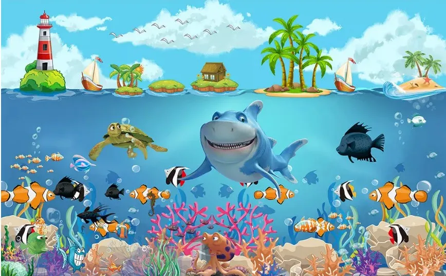 HD пользовательские 3D росписи Мультфильм Подводный мир детская тематическая комната Настенные обои фон украшение стены