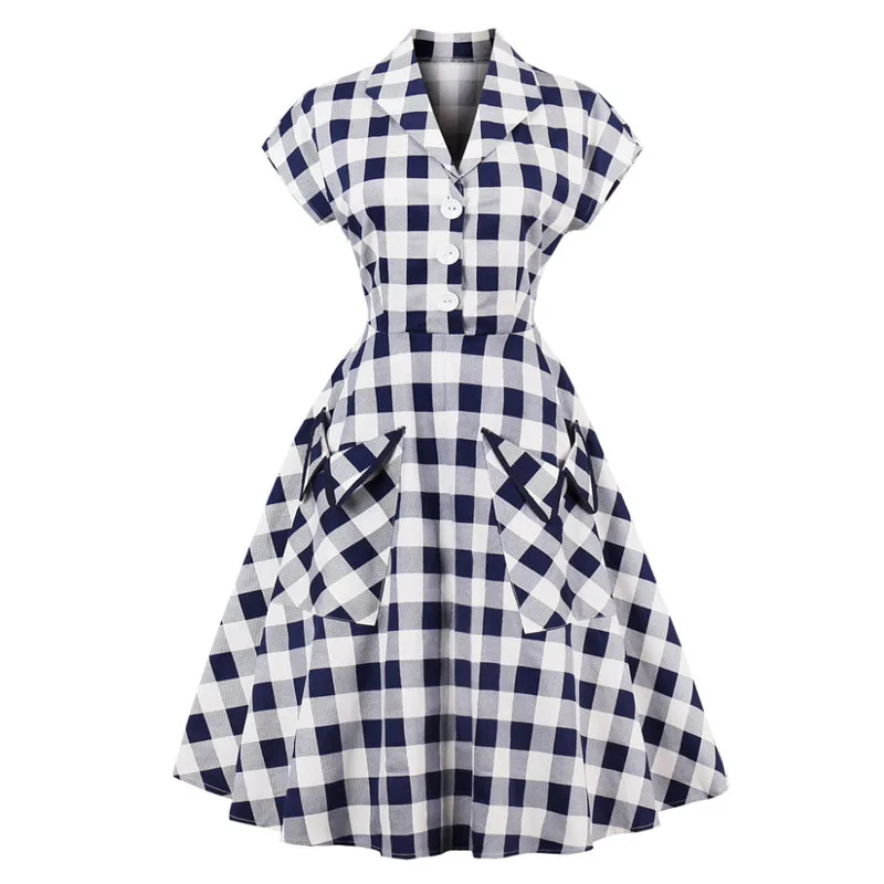 OTEN белая и синяя клетчатая одежда в винтажном стиле 50s 60s Pin up V образным вырезом передний карман клетчатый принт рокабилли Туника повседневные миди платья
