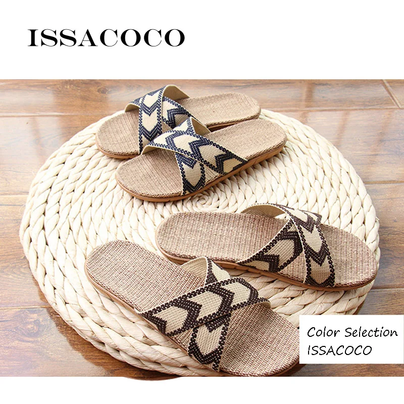 

ISSACOCO Men's Cross-tied Linen Slippers Flat Canvas Non-slip Flax Slippers Beach Flip Flops Bathroom Slippers Zapatillas