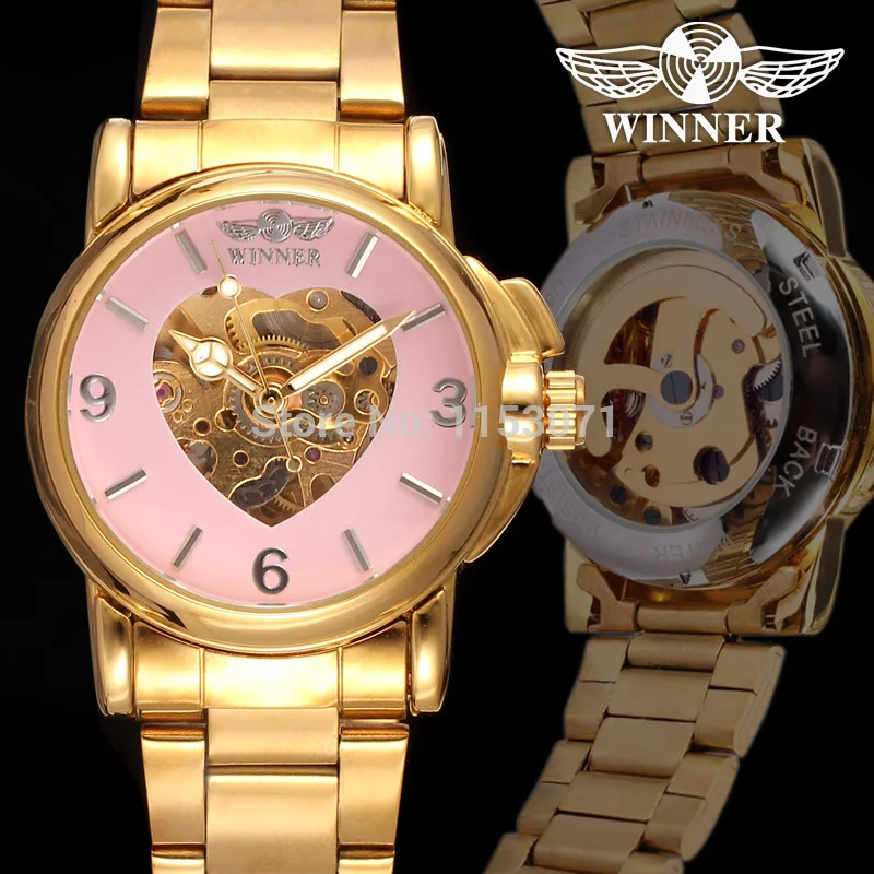 Новейшие наручные часы Winner автоматические женские золотого цвета из нержавеющей
